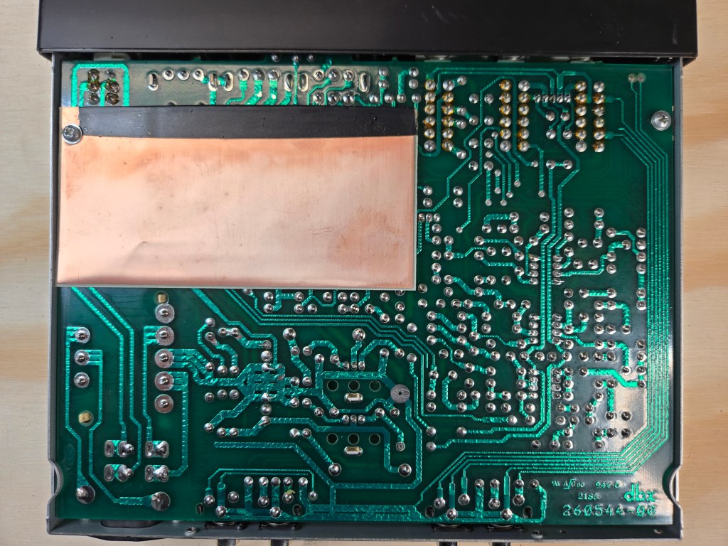 A top-down view of the bottom side of the board inside the equalizer