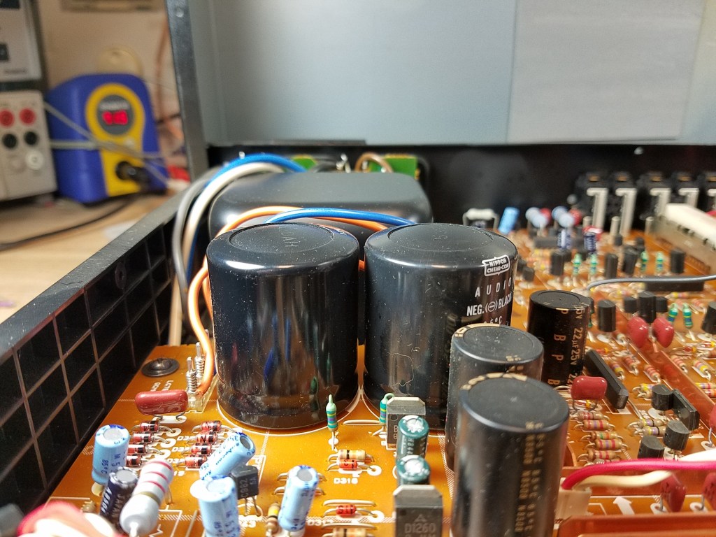 Failed snap-in capacitors in a Yamaha C-80 pre-amp.