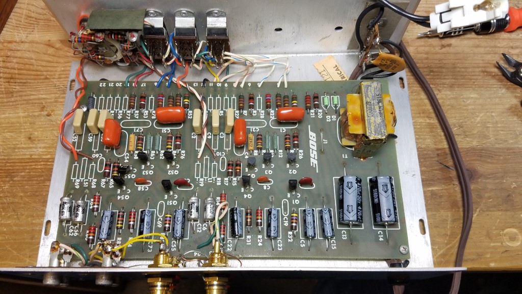 An interior view of a Series 2 equalizer built from a modified Series 1 circuit board, with some components replaced, illustrating an unusual and undocumented factory revision they made to use up old boards before switching fully to new production.