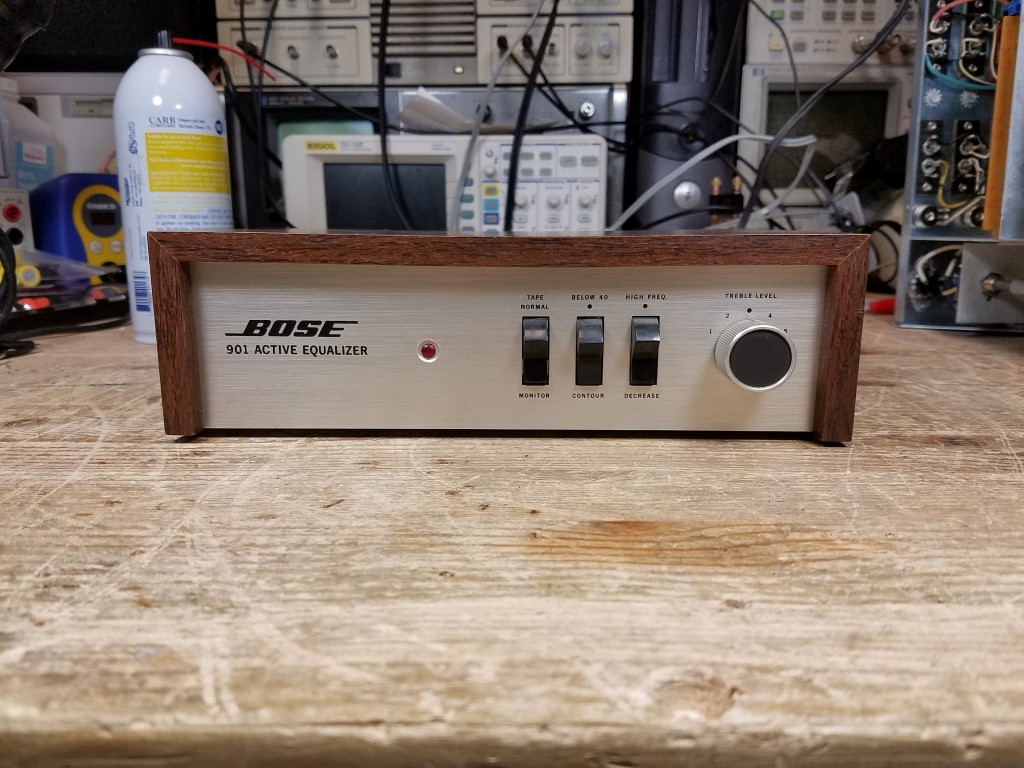 A front view of a Series 2 equalizer on the bench. Unlike a Series 1 equalizer, this one has no power switch and is always on when plugged in.