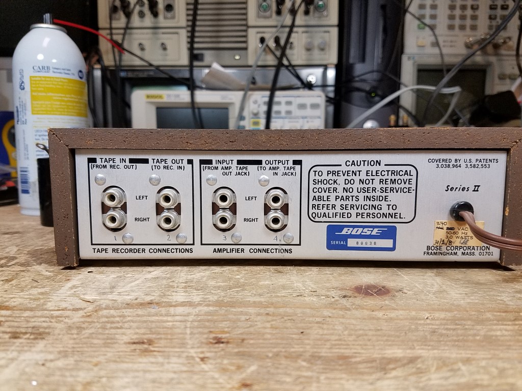 A rear view of a Series 2 equalizer on the bench showing a slightly different arrangement of input and output jacks.