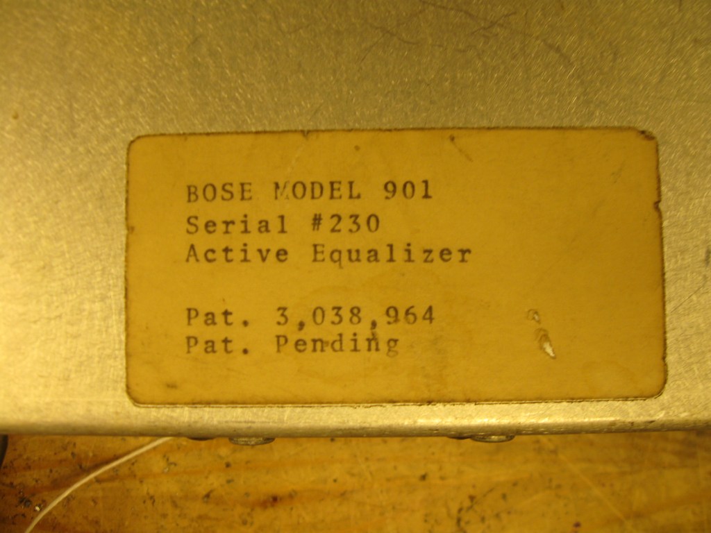 The production label on the bottom of the equalizer from the previous image. The label reads:
BOSE MODEL 901
Serial #230
Active Equalizer
Pat. 3,038,964
Pat. Pending