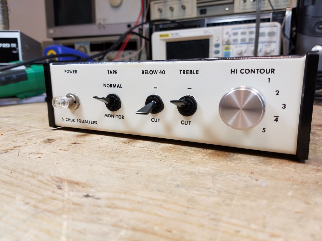 Front panel of a homebrew equalizer with all of the same controls as a Series 1, but of a pretty rough looking design.