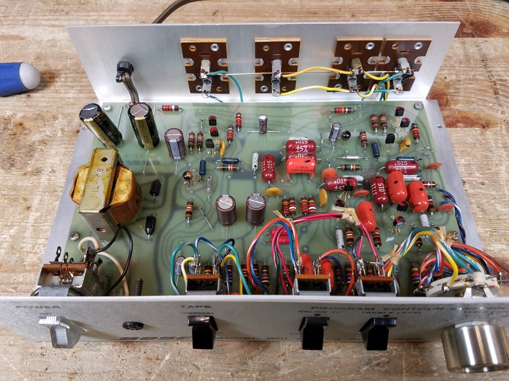 A 901 Series 1 early production equalizer with a handful of electrolytic capacitors only replaced but the rest of the original components, not following a best practice for repair.
