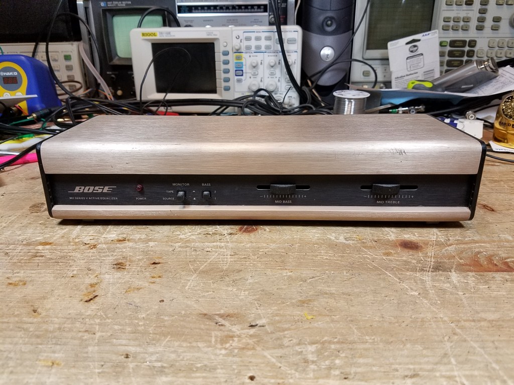 Front view of the 901 Series V Active Equalizer on the repair bench.